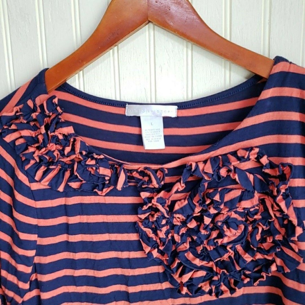 Design History Shirt Womens Large Blue Stripe Boat Neck 3/4 Sleeve Ruffle Top